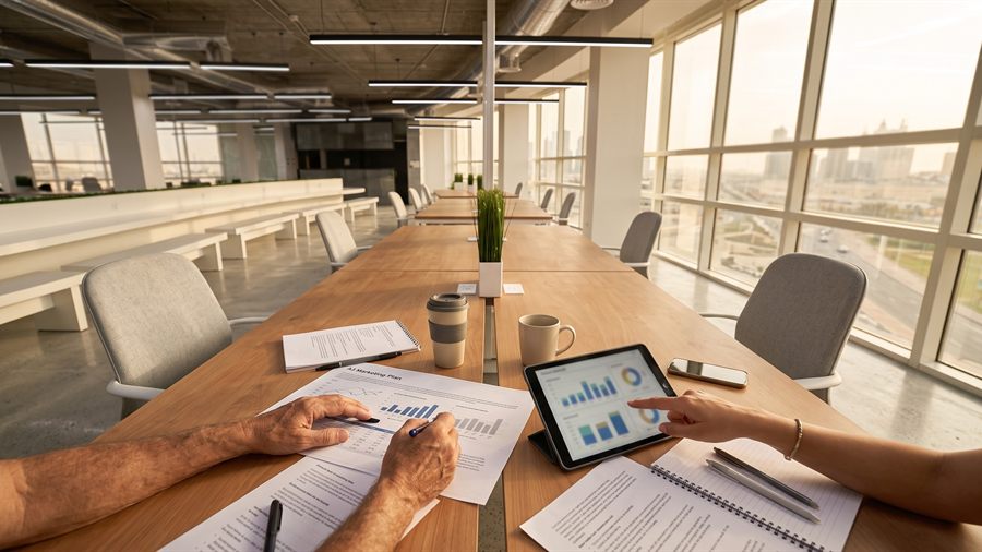 Reviewing a marketing plan and performance charts at a shared desk