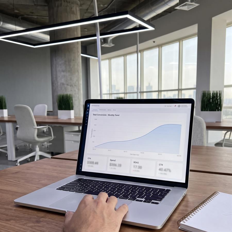 A campaign conversions chart trending upward on a laptop screen.