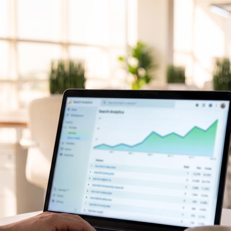 A search-analytics dashboard with a rising visibility graph.