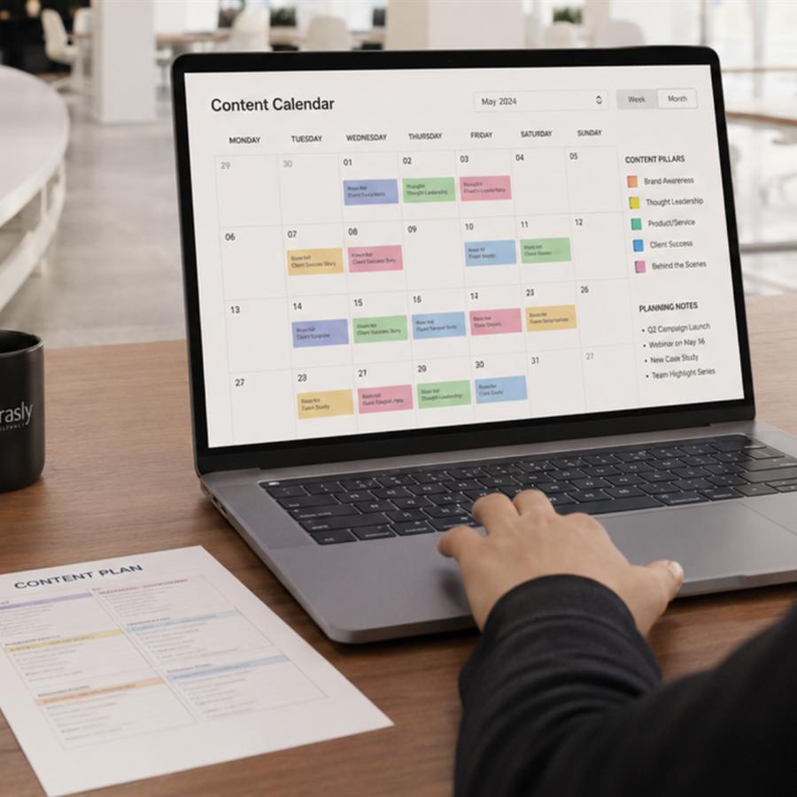 A content calendar open on a laptop in a bright office.