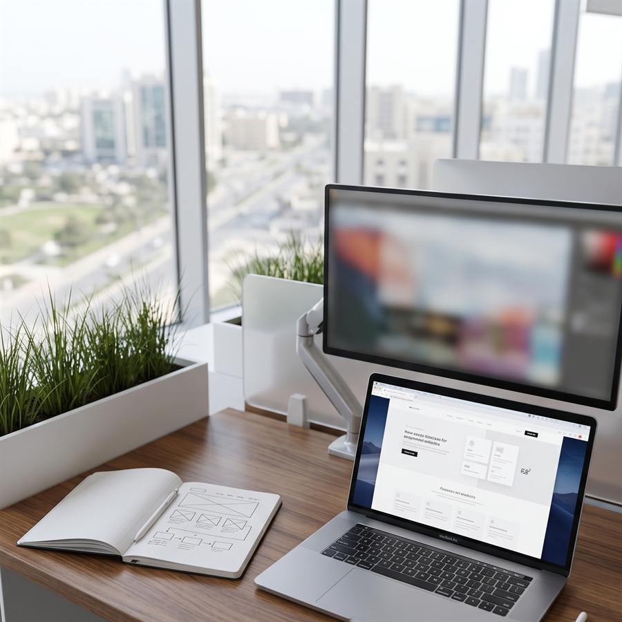 A website layout and wireframe sketches on a designer's desk.