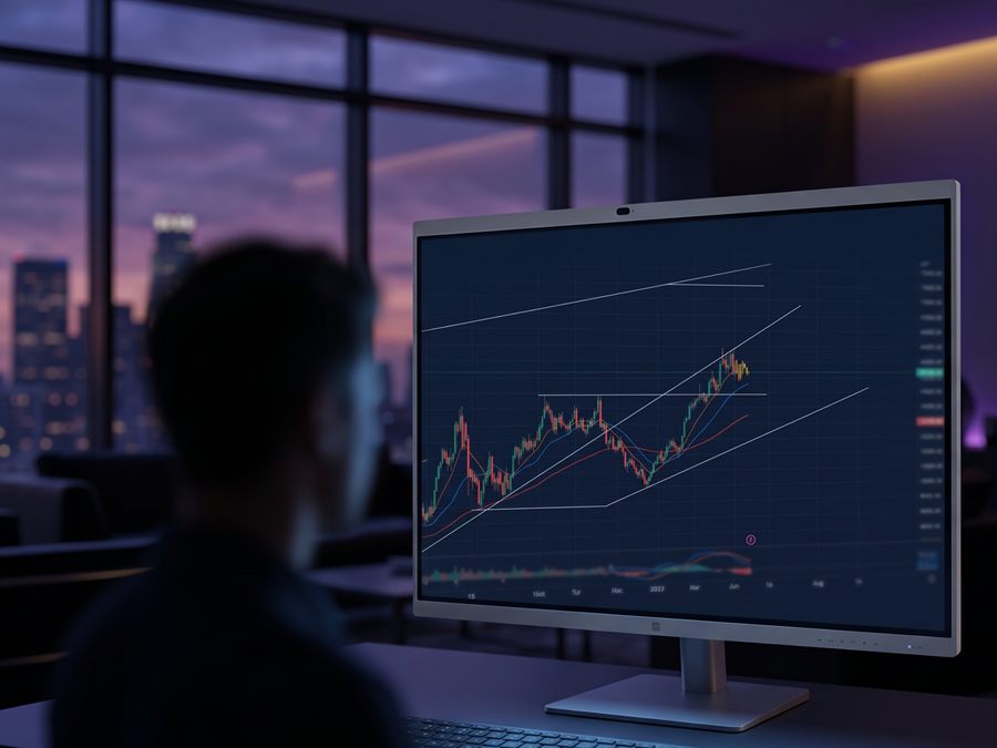 Trading screens in a Manama office at dusk