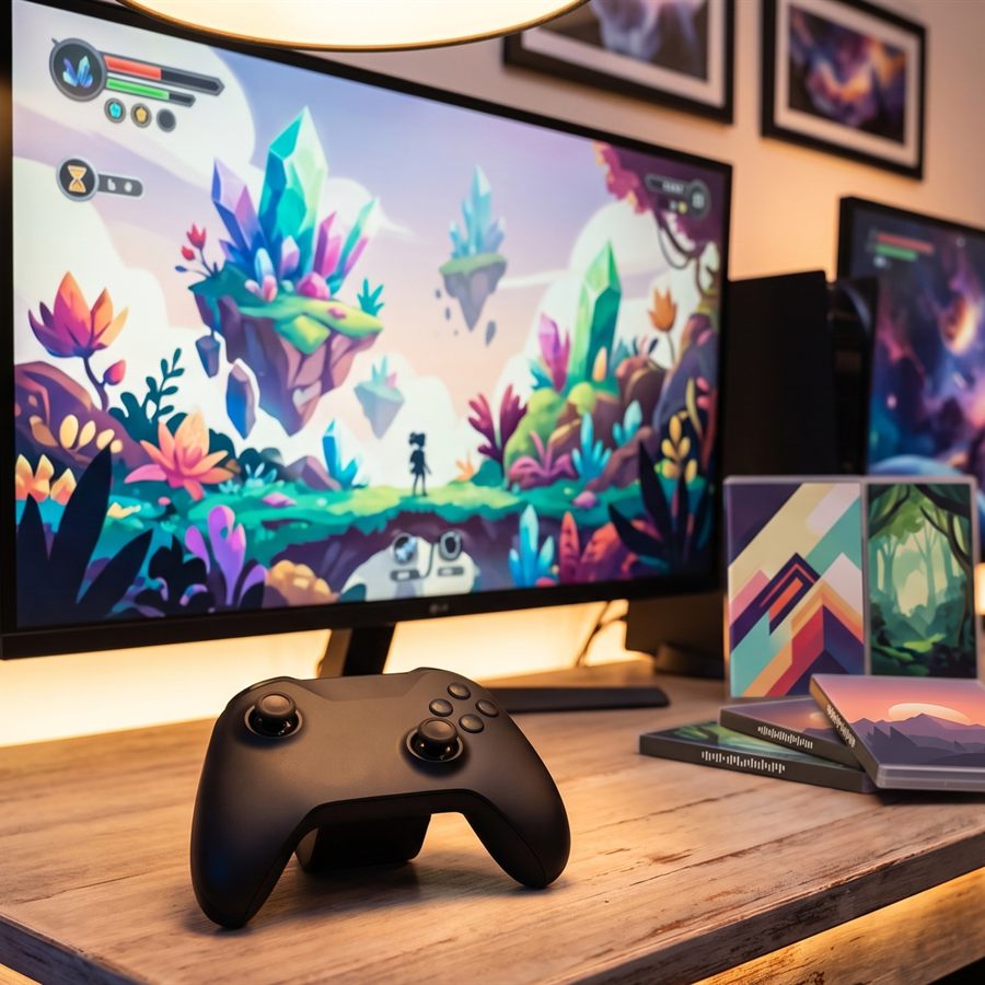 Content creation desk with gaming setup